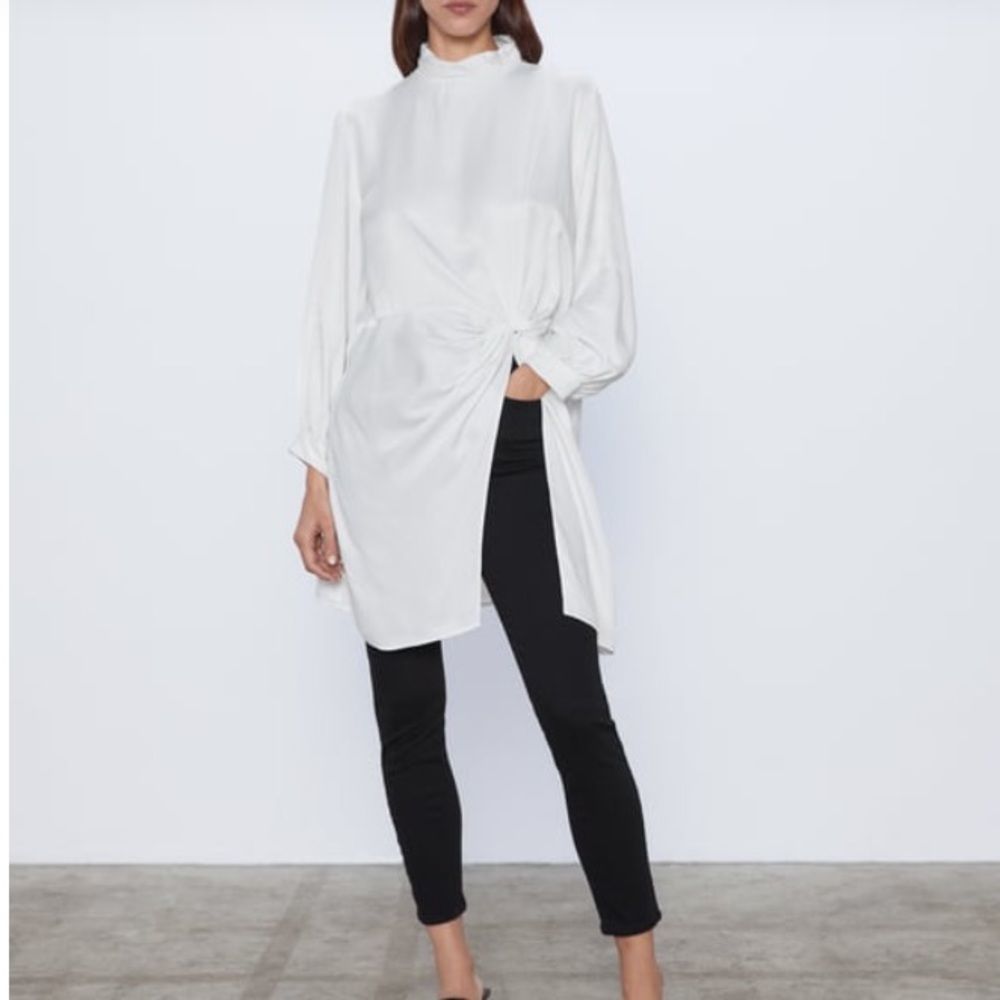 Zara White Satin Effect BLOUSE WITH FRONT KNOT New!